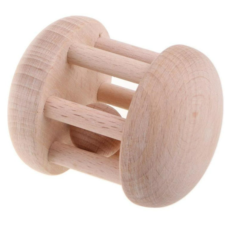 Montessori Natural Wooden Rattle Drum Baby Grasping Teething Toys Handbell